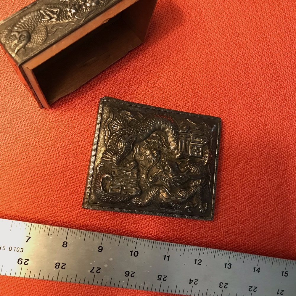 Vintage Tin, Dragon Relief, Wood Lined, 1940's Cigarette Box